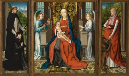 Triptych of Madonna and Child with Angels; Donor and His Patron Saint Peter Martyr; and Saint Jerome